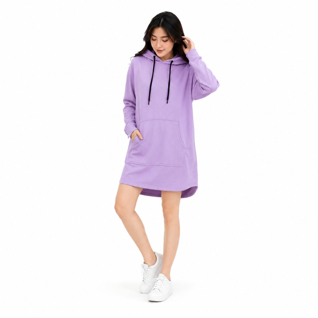 Long Hoodie Dress Wanita Oversize Lengan PanjangSweater Hoodie Dress Casual Korea Kekinian