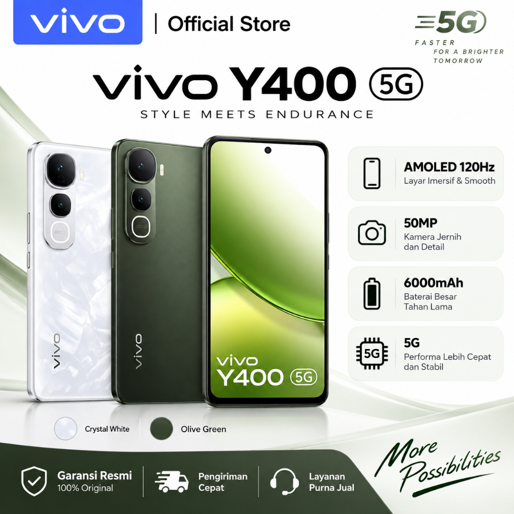 vivo Y400 5G 8GB+256GB Smartphone | Layar AMOLED 120Hz | Kamera 50MP | Baterai 6000mAh | HP 5G Resmi