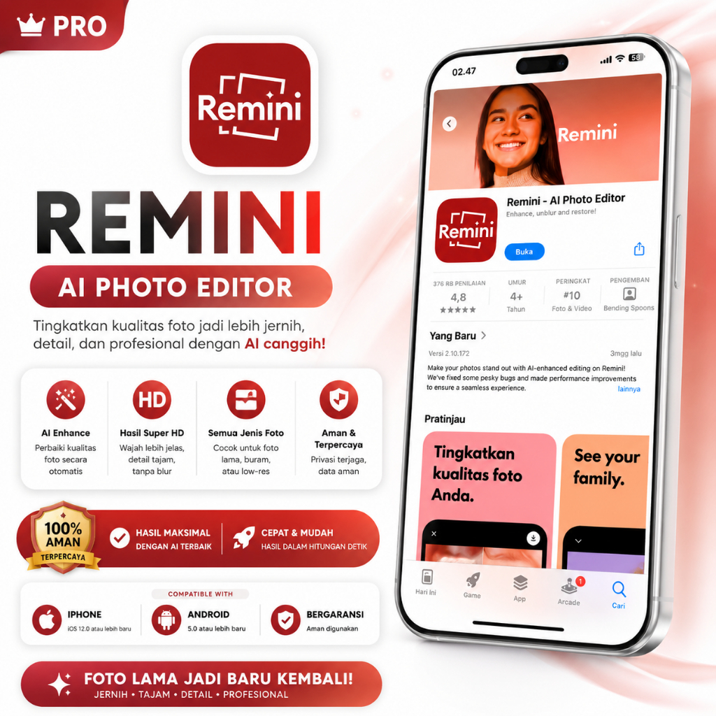 REMINI Apk iOS Android PRO Edit Foto Video AI Presisi Tinggi Original App Store