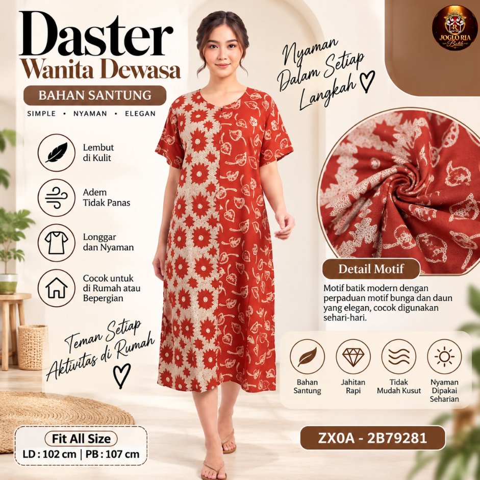 Daster Batik Wanita Dewasa Bahan Santung Adem Motif Modern Lengan Pendek Fit All Size - Ria Batik