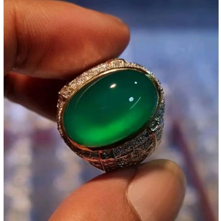 Natural Cincin Akik Bacan Gulau Ijo Botol Super Kristal Giwang Ring Perak