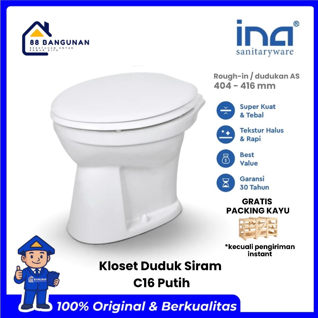 Ina [Packing Peti Kayu] Kloset Duduk Siram / Toilet Duduk Keramik C16 Variasi Warna Tanpa Tangki Rou