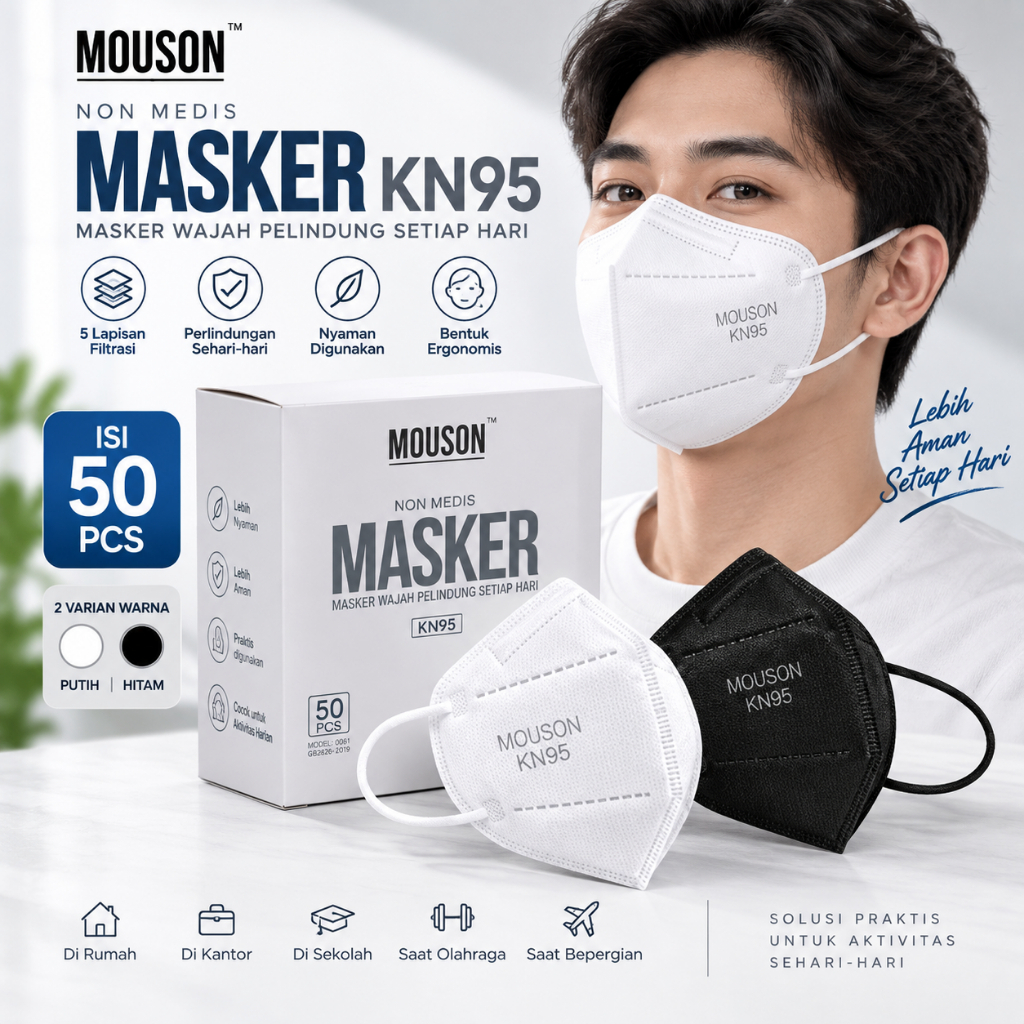 Masker Mouson KN95 & KN95 Pro 5 Ply Dewasa Non Medis Isi 10/50 Pcs