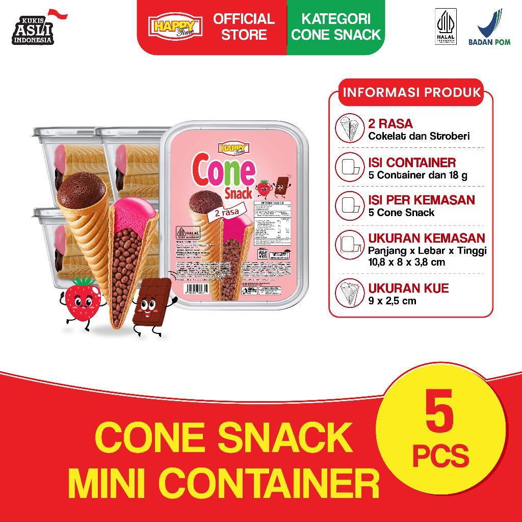 HAPPY TIME - CONE MINI CONTAINER 2 RASA COKELAT STROBERI SNACK CEMILAN RINGAN [ISI 5 BOX X 18 GR]