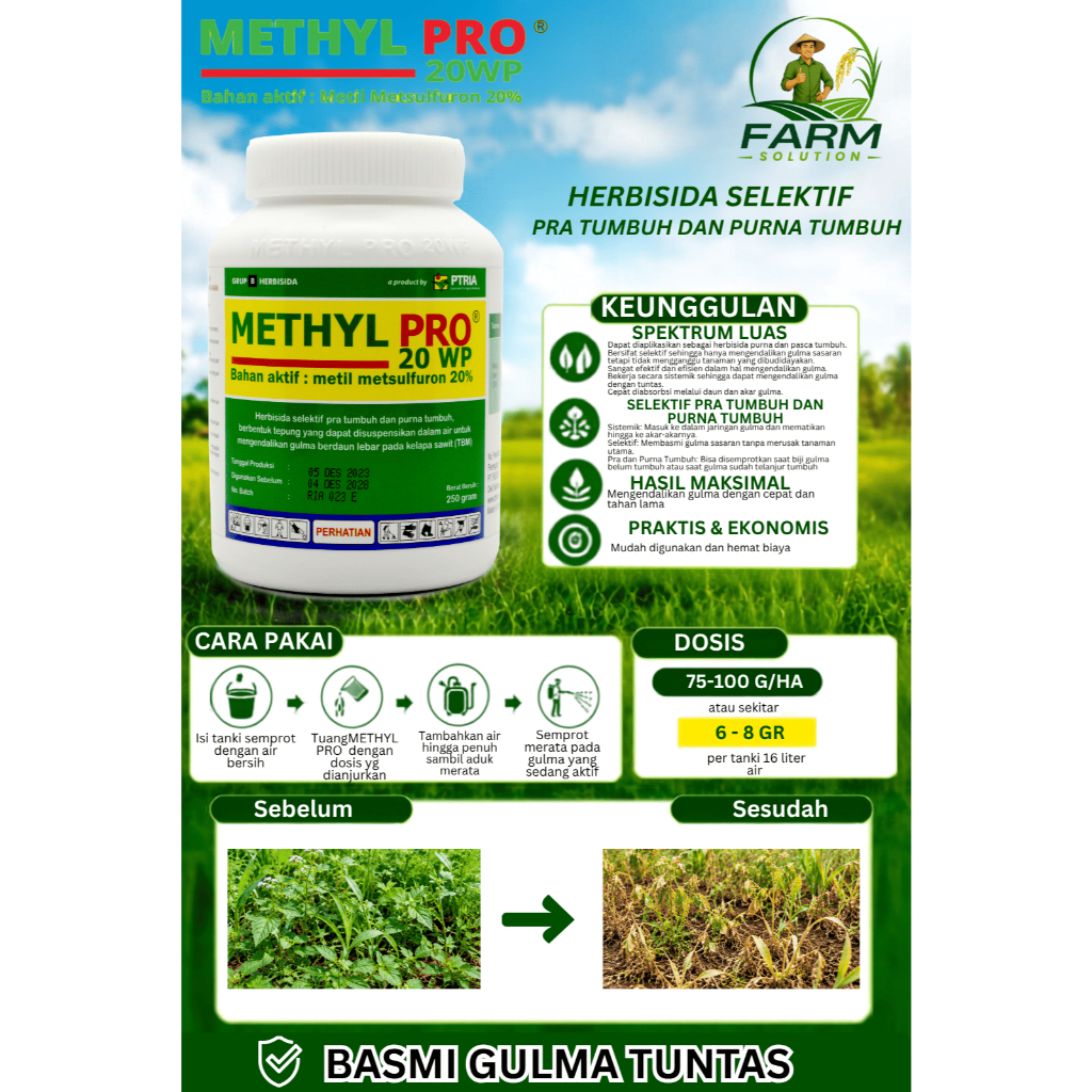 Herbisida Selektif Pra Tumbuh & Purna Tumbuh - METHYL PRO 20 WP - Bahan Aktif METIL METSULFURON 20 %