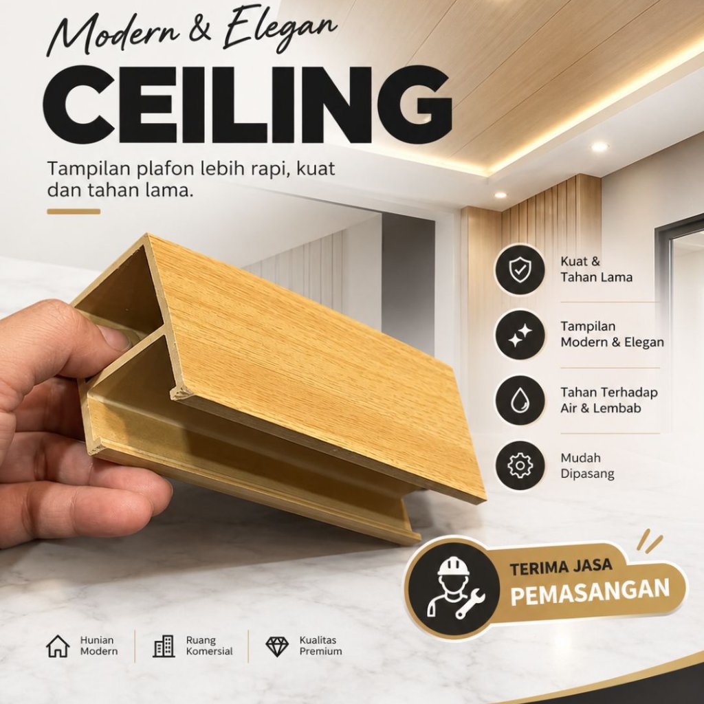 Plafon Ceiling Modern Elegan Profil Siku Langsir Kayu untuk Hunian Komersial