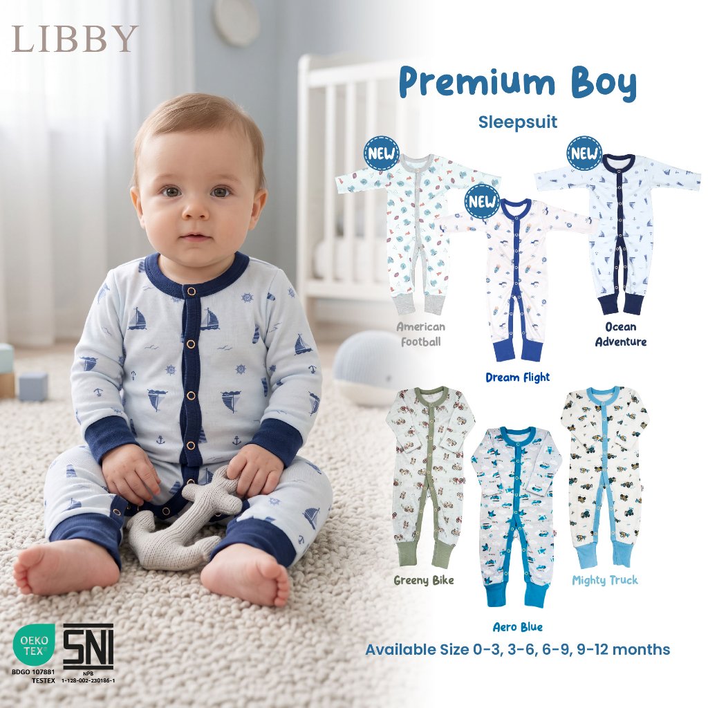 LIBBY Premium Baju Tidur Bayi Sleepsuit Bodysuit Romper Motif Boy 0-12 Bulan (3 Pcs/Pack)