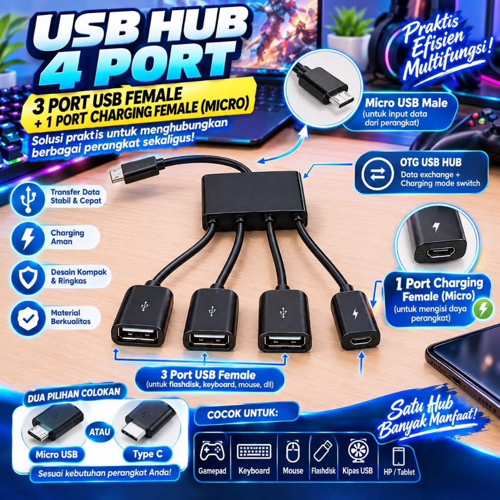 4in1 Micro Usb Hub + Charge Kabel Otg Micro 3 Port Usb Female