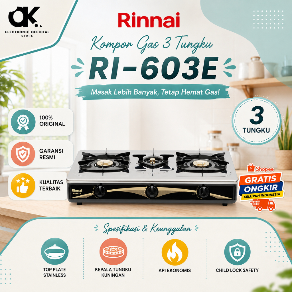 RINNAI KOMPOR GAS 3 TUNGKU RI 603 E/RI603E/RI603 E/RI 603E/RI-603E/RI-603 E/ORIGINAL RINNAI/GARANSI