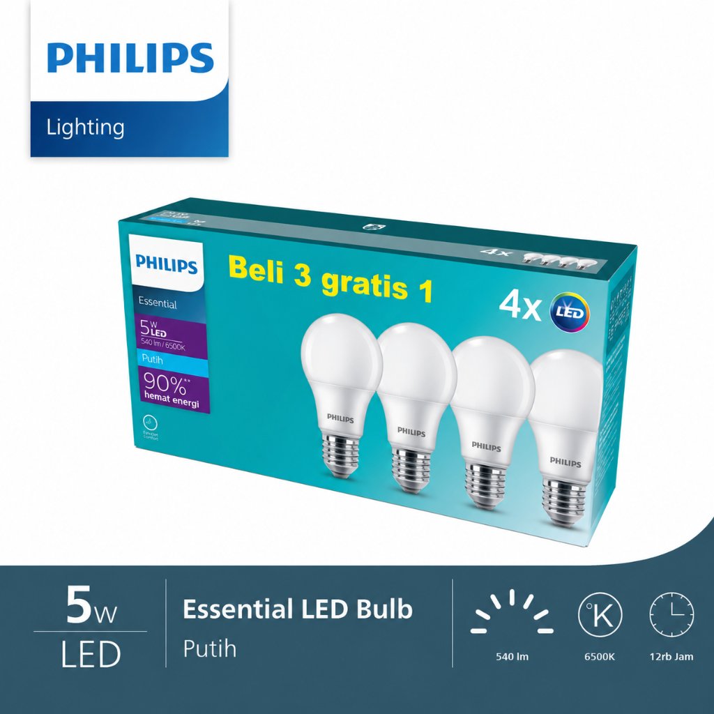 Lampu Philips LED Essential 5W Putih Philips 5 Watt Multipack Paket 3+1 Asli Bergaransi