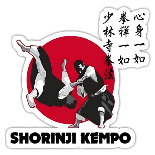 Stiker Beladiri Kempo Shorinji Kempo Aksi Bantingan Lemparan Fighter Dogi Hitam Putih Latar Matahari