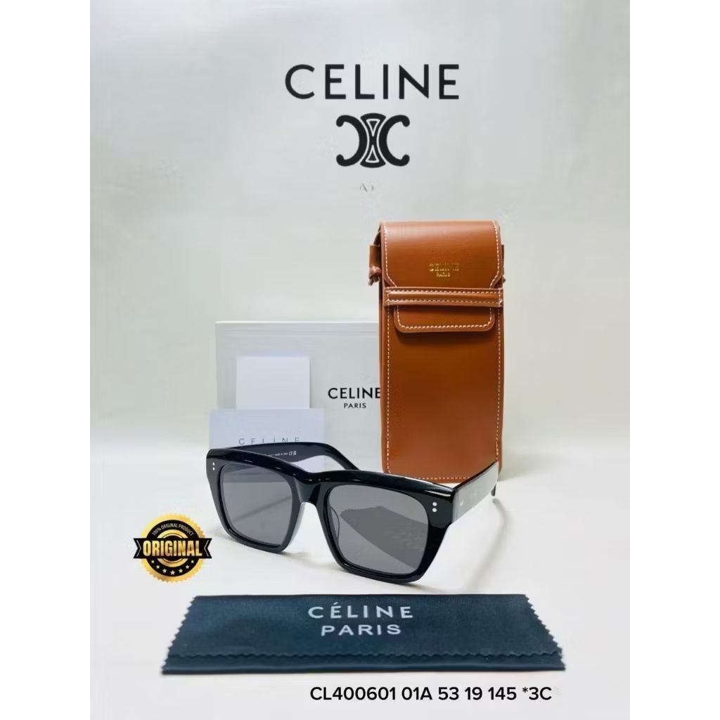Kacamata Hitam CELINE Paris model kotak dengan tas kulit coklat