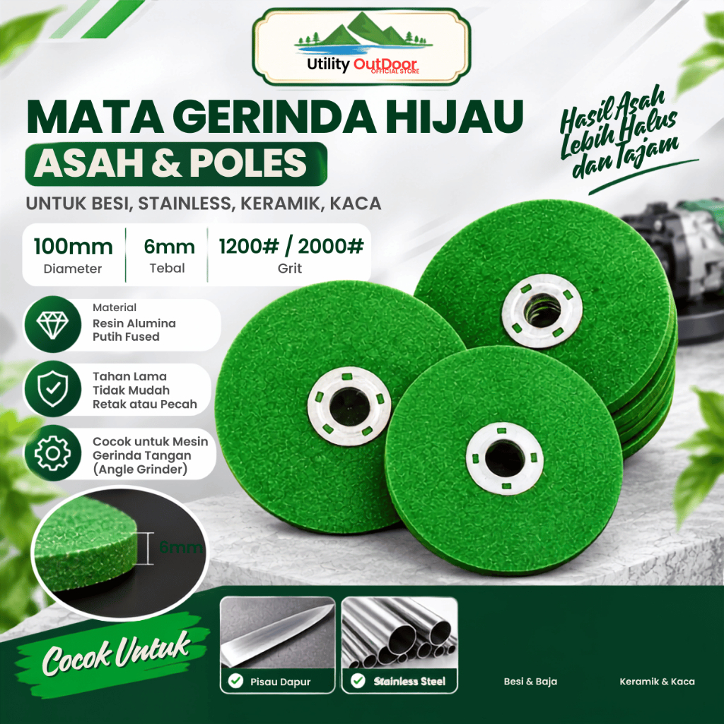 Mata Gerinda Hijau 100mm Tebal 6mm 1200# 2000# Batu Gerinda Asah Poles untuk Besi Stainless Keramik 