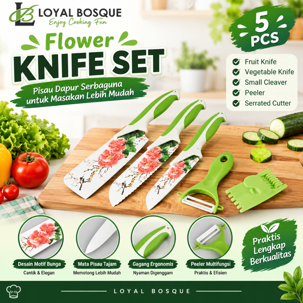 Pisau Set Green Loyal Bosque Flower, Pisau Set hijau isi 5