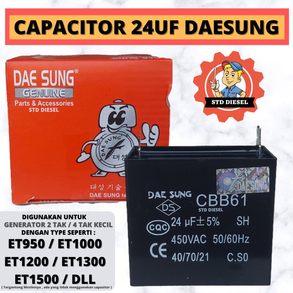 CAPACITOR MERK DAESUNG 24UF CAPASITOR KAPASITOR 24 GENSETT GENERATOR SET ET950 ETT1000 ET1200 ET1300