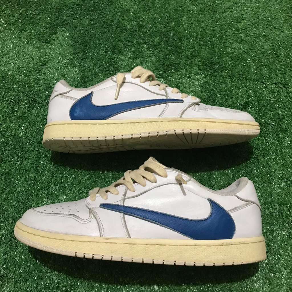 Sepatu Sneakers Casual Travis Scott Fragment x Nike Air Jordan AJ 1 Low OG Cream White Blue Unreleas