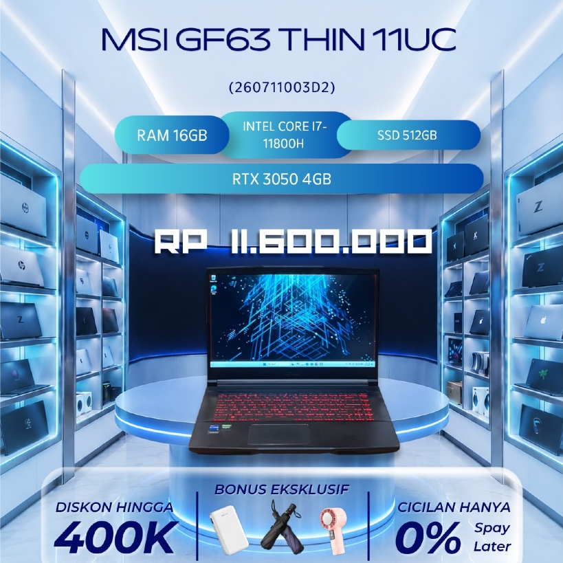 LAPTOP MSI GF63 THIN 11UC INTEL 15"6INC 144HZ CORE I7-11800H RAM 16GB SSD 512GB RTX 3050 4GB REDY | 