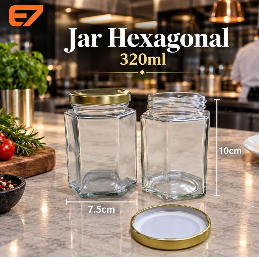 Jar Beling Hexagon Glass Jar 320 mL | Jar Madu | Toples Kaca Segi Enam / Botol Kaca Hexagonal 1pcs