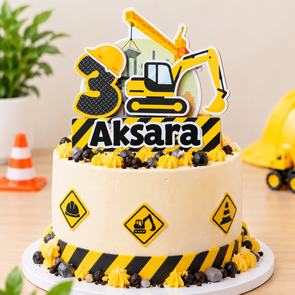 Topper Cake 3D Konstruksi bisa Custom Nama untuk Hiasan / Dekorasi Kue Ulang Tahun Karakter Anak