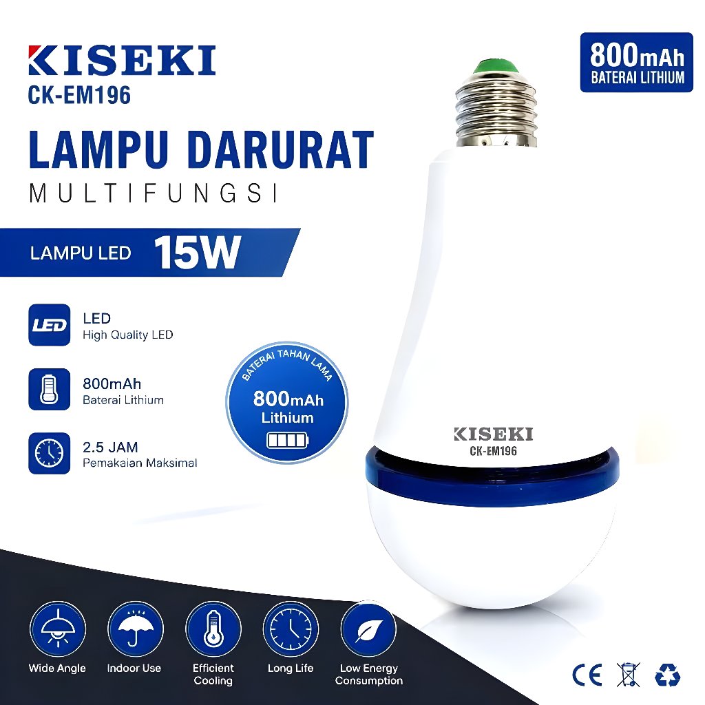 Lampu Bohlam LED Darurat KISEKI CK-EM196 15W Baterai Lithium 800mAh Multifungsi Baterai Bisa Lepas