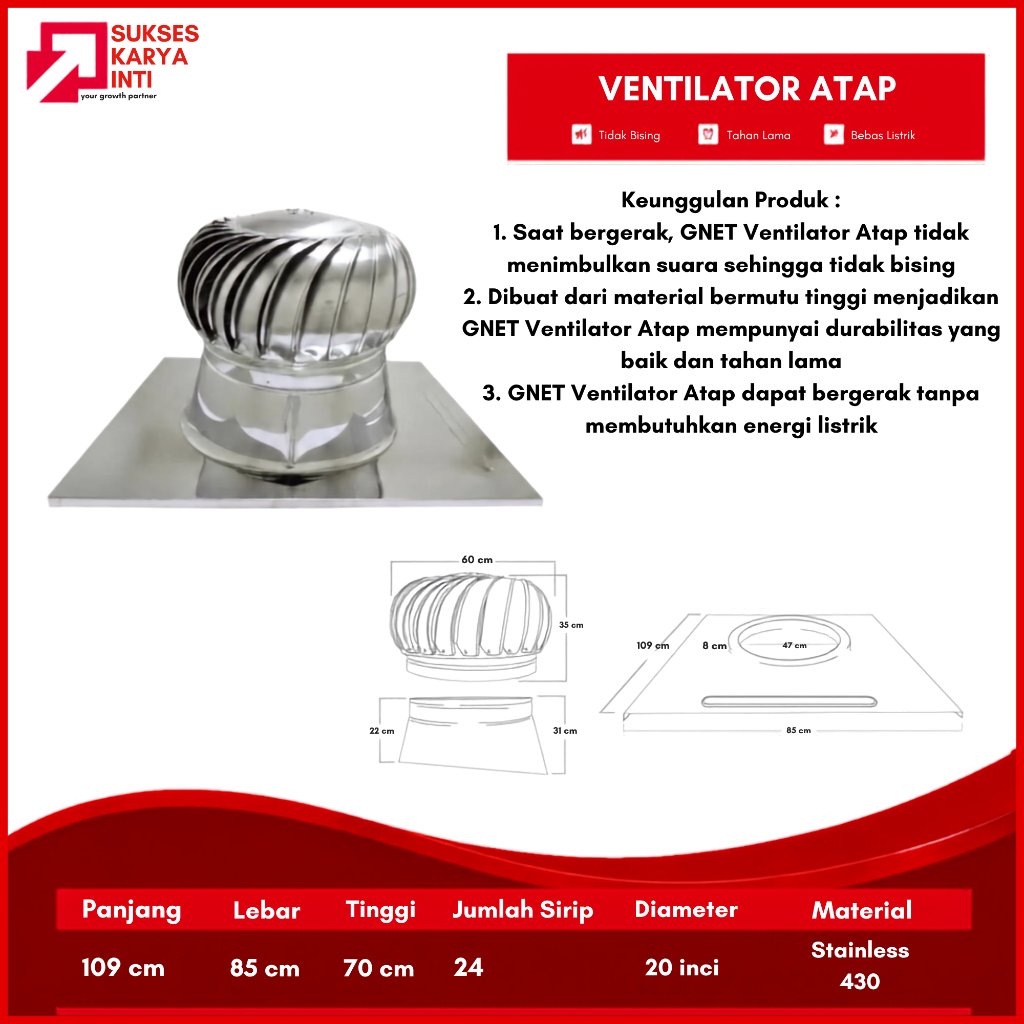 Ventilator Atap GNET Stainless 430 20 Inci Tidak Bising Bebas Listrik 60x35 cm