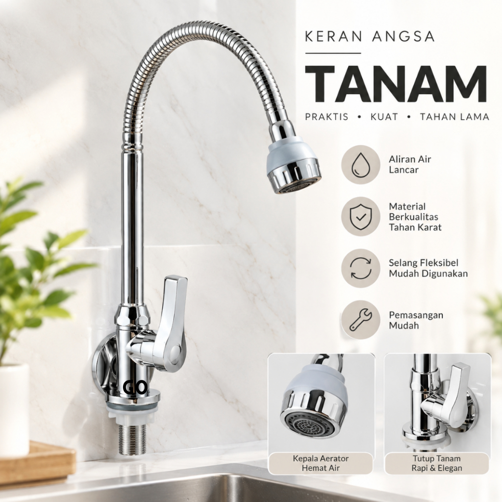 Keran Angsa Tanam Kepala Putih - Kran Angsa Fleksibel Bak Cuci Piring - Kran Sink Fleksibel Engkol