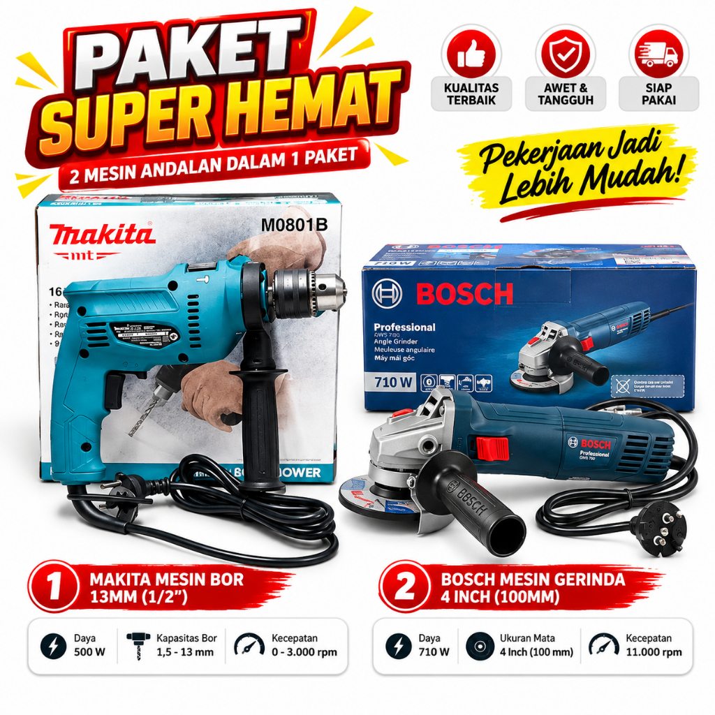 PAKET BOSCH Grenda Bor Gurinda Grinda Tangan GWS 700 GWS700 Bor Besi Kayu 10mm 13mm GSB600 GSB 600 G