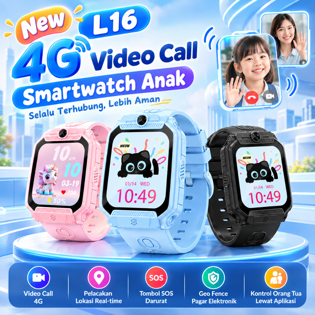 New L16 Smartwatch Anak 4G LTE, Video Call 2 Arah, GPS Real-Time, SOS Darurat, Geo Fence, Kontrol Or