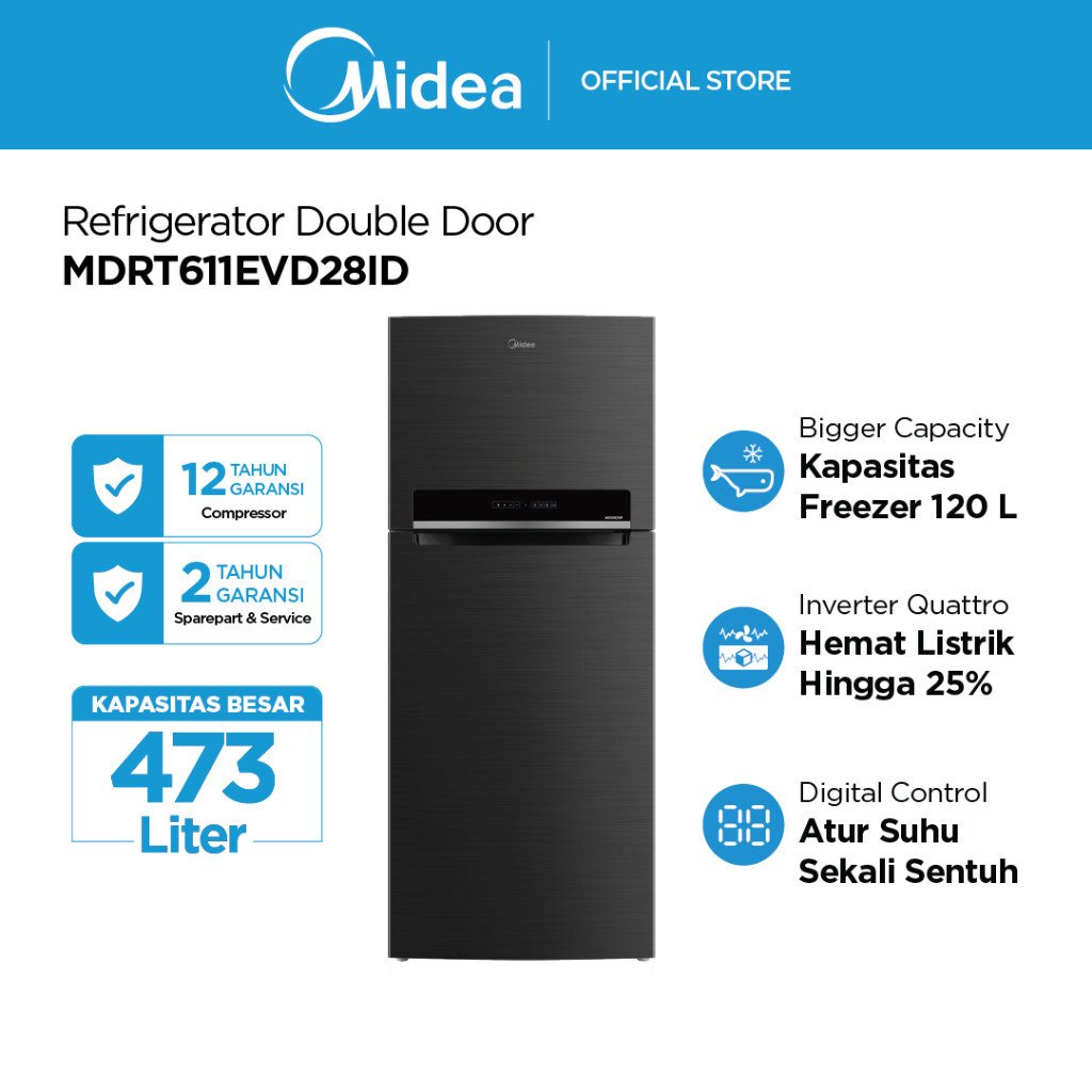 Midea Kulkas 2 Pintu Inverter Quattro Kapasitas Besar T 473L Everest Edition  - MDRT611EVD28ID