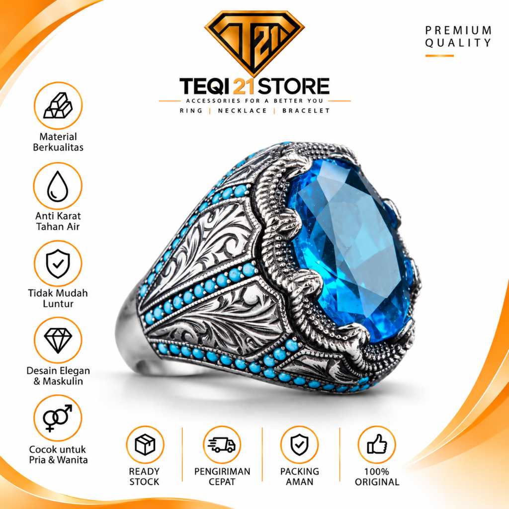 Cincin Pria Wanita Batu Biru Aqua Premium | Cincin Titanium Anti Karat | Cincin Permata Biru Elegan
