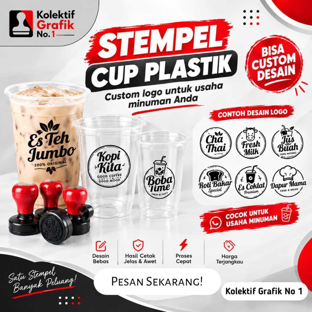 Stempel Cup Plastik Custom Logo Usaha | Stempel Gelas Plastik Es Teh Jumbo Kopi Boba Murah Permanen