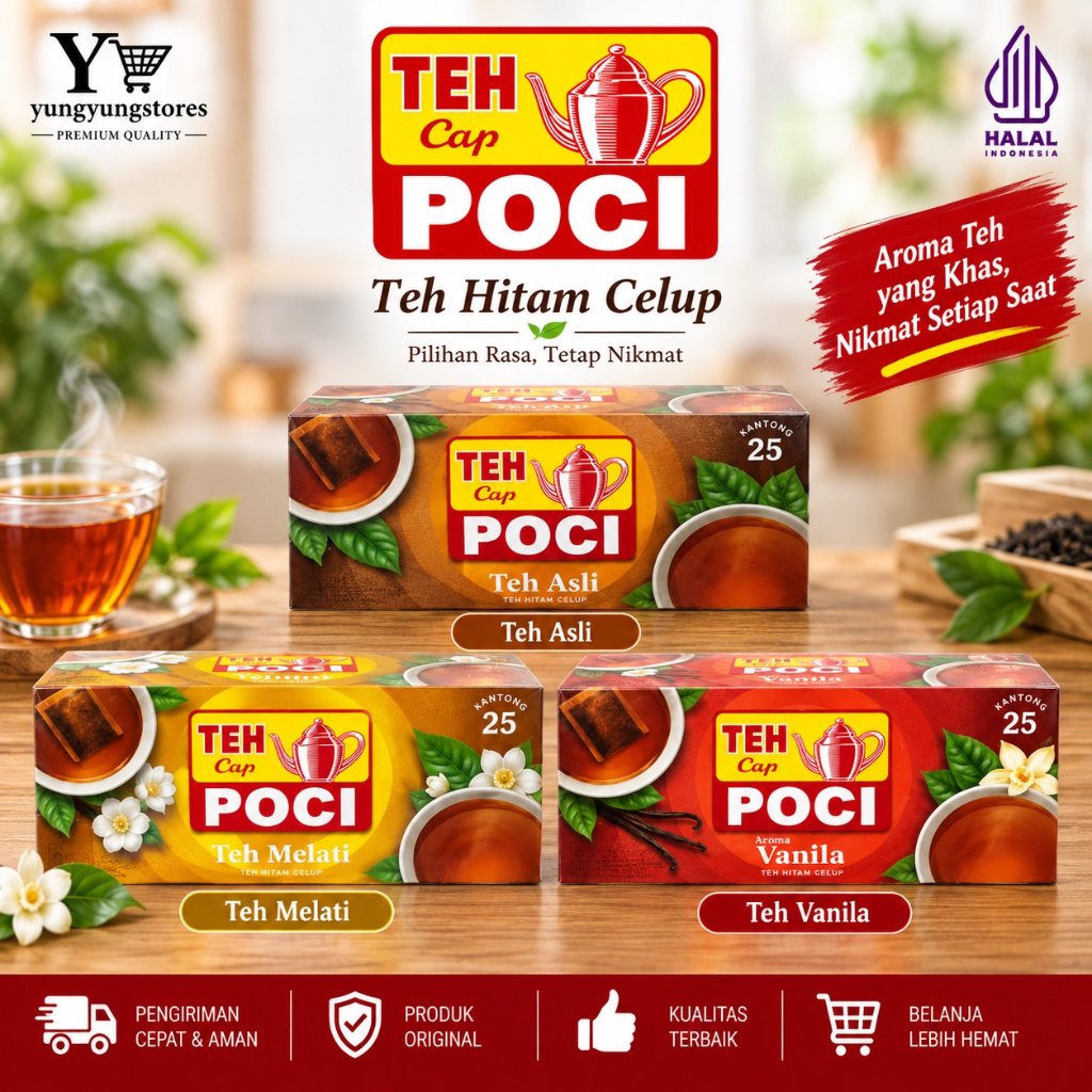 Teh Cap Poci Teh Hitam Asli / Melati / Vanilla 25 Sachet @ 2 gram