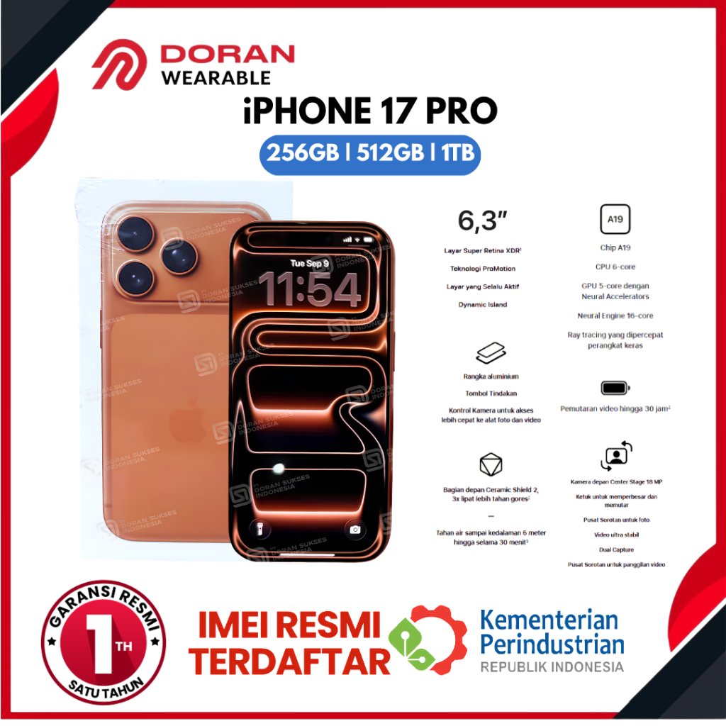 Apple iPhone 17 Pro 256GB 512GB 1TB A19 Pro 6.3" OLED 120Hz with Ceramic Shield Garansi Resmi