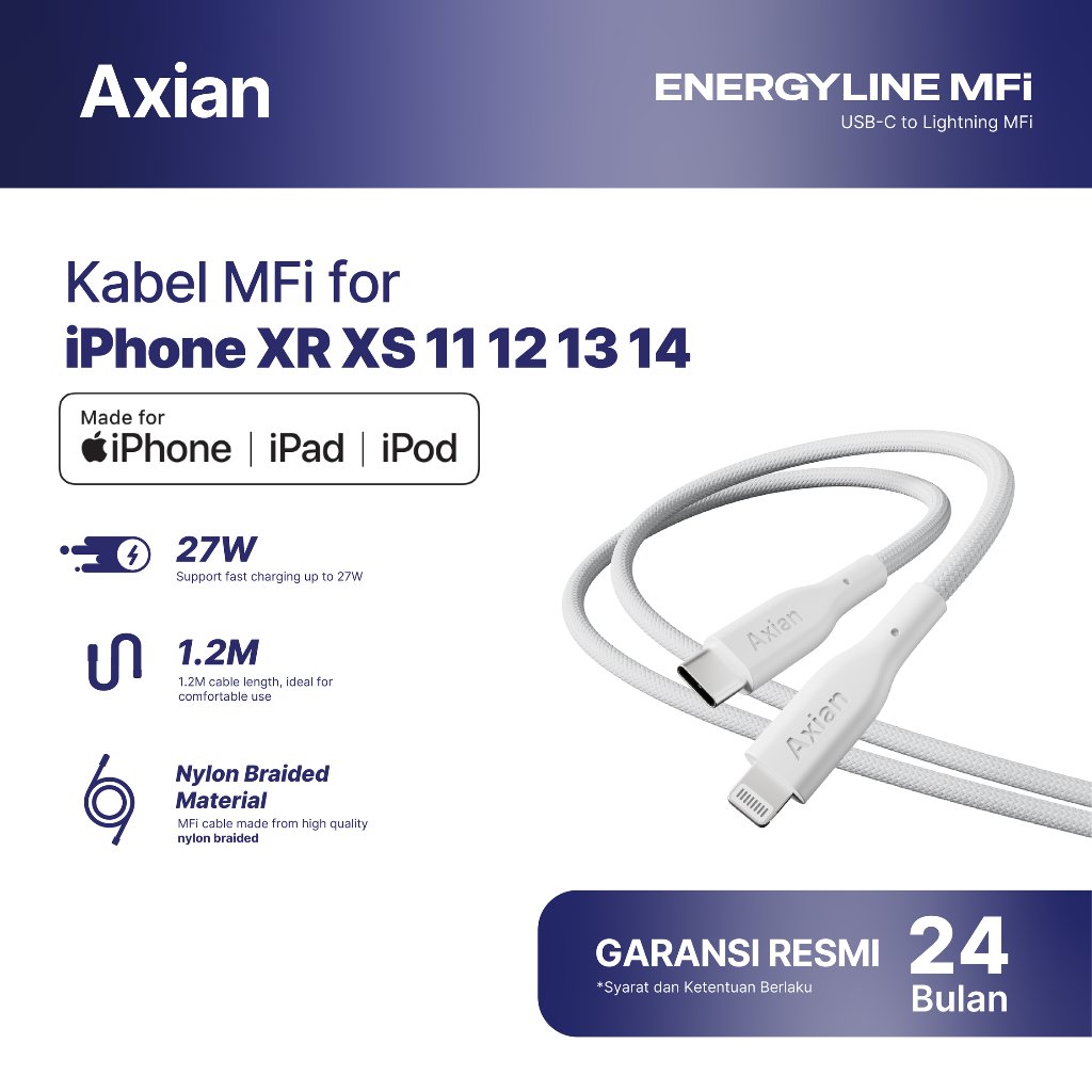 AXIAN Kabel Charger MFi iPhone X XR XS 11 12 13 14 Type C to Lightning 3A Fast Charging Nylon Braide