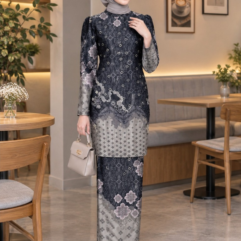Dyorra Setelan Kurung Melayu Dior Silk Motif Muslim Wanita Baju Set Tunik Lebaran Raya