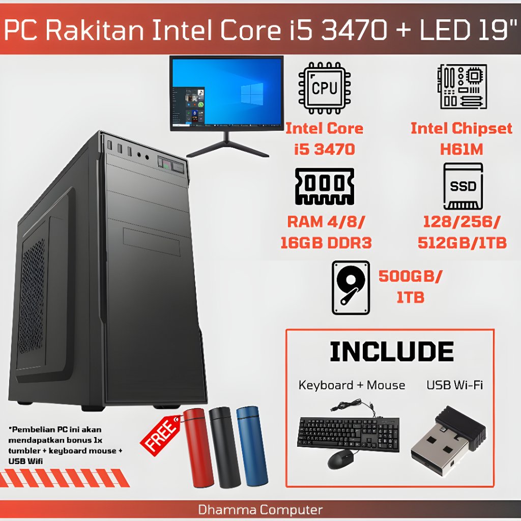 [SIAP PAKAI] Paket Lengkap PC Desktop i5 3470 Fullset Monitor 19" + WiFi + Keyboard Mouse - Komputer