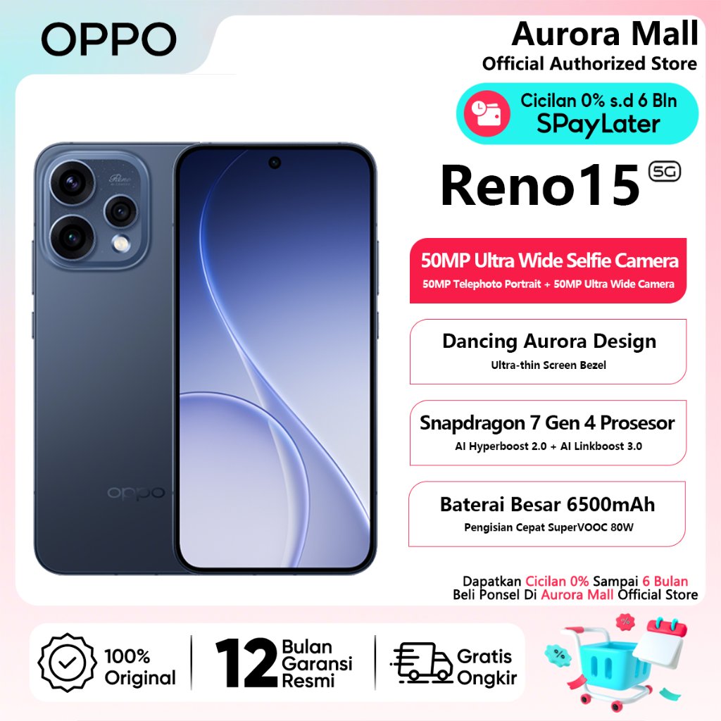 OPPO Reno15 5G 12/256GB (12GB+12GB Extended RAM) NFC Official Store HP Android Handphone Terbaru Ori