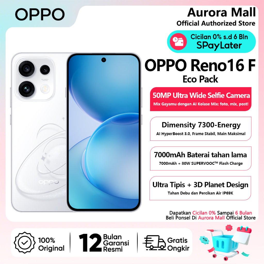 OPPO Reno16 F 5G Eco Pack 8/256GB (8GB+8GB Extended RAM) Official Store HP Android Handphone Terbaru