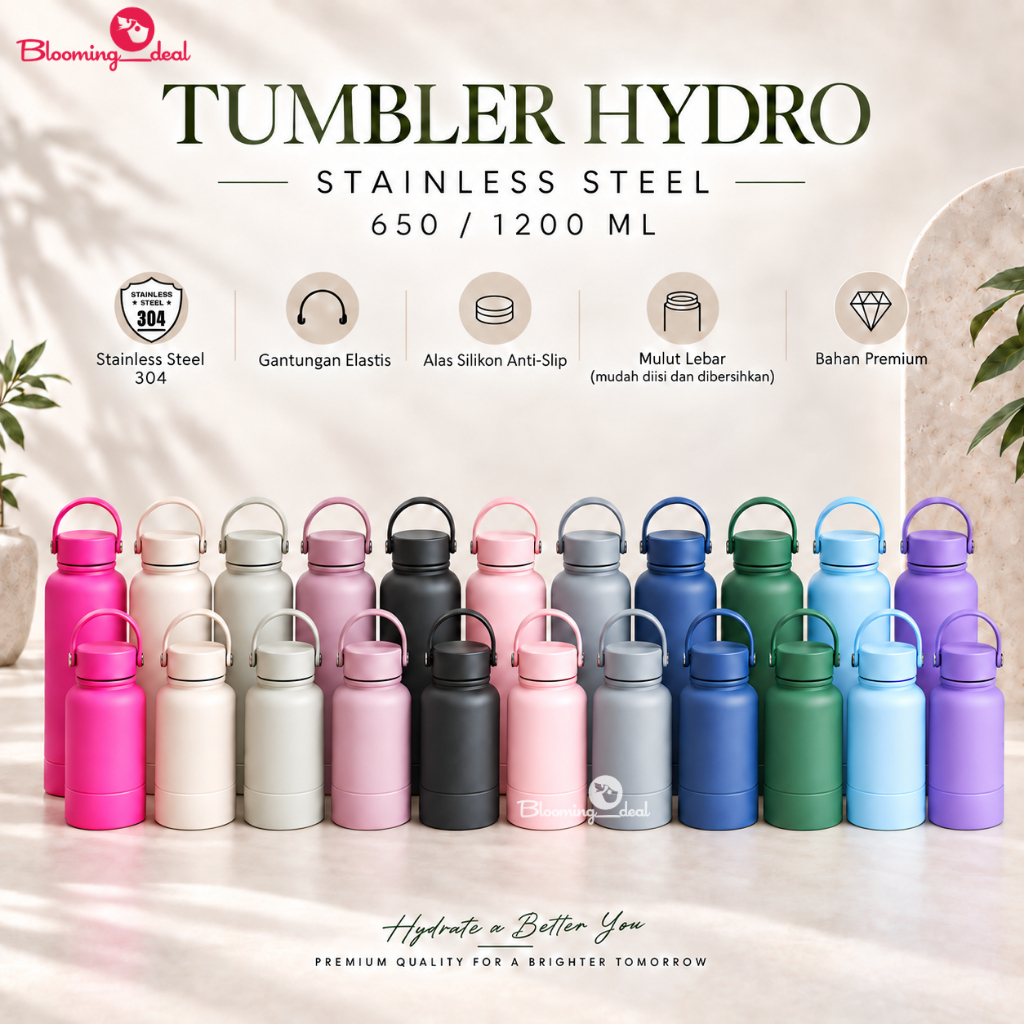 Bloomingdeal Tumbler Hydro Termos Premium Aesthetic dengan Gantungan Vacuum Insulated 650ml/1200ml (