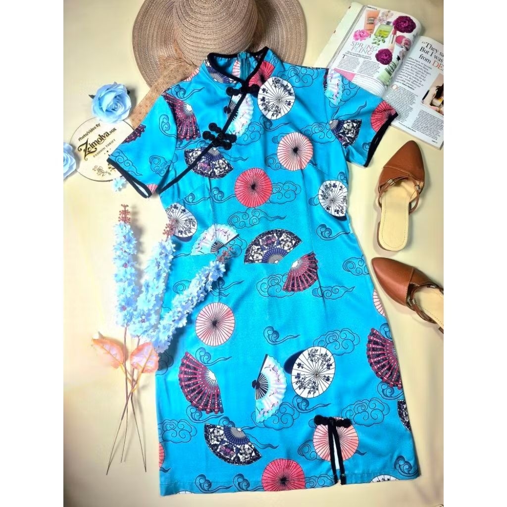 Cheongsam/Qipao/Cheongsam Dress/Qipao Modern/Turquoise Oriental Folding Fan Qipao Dress