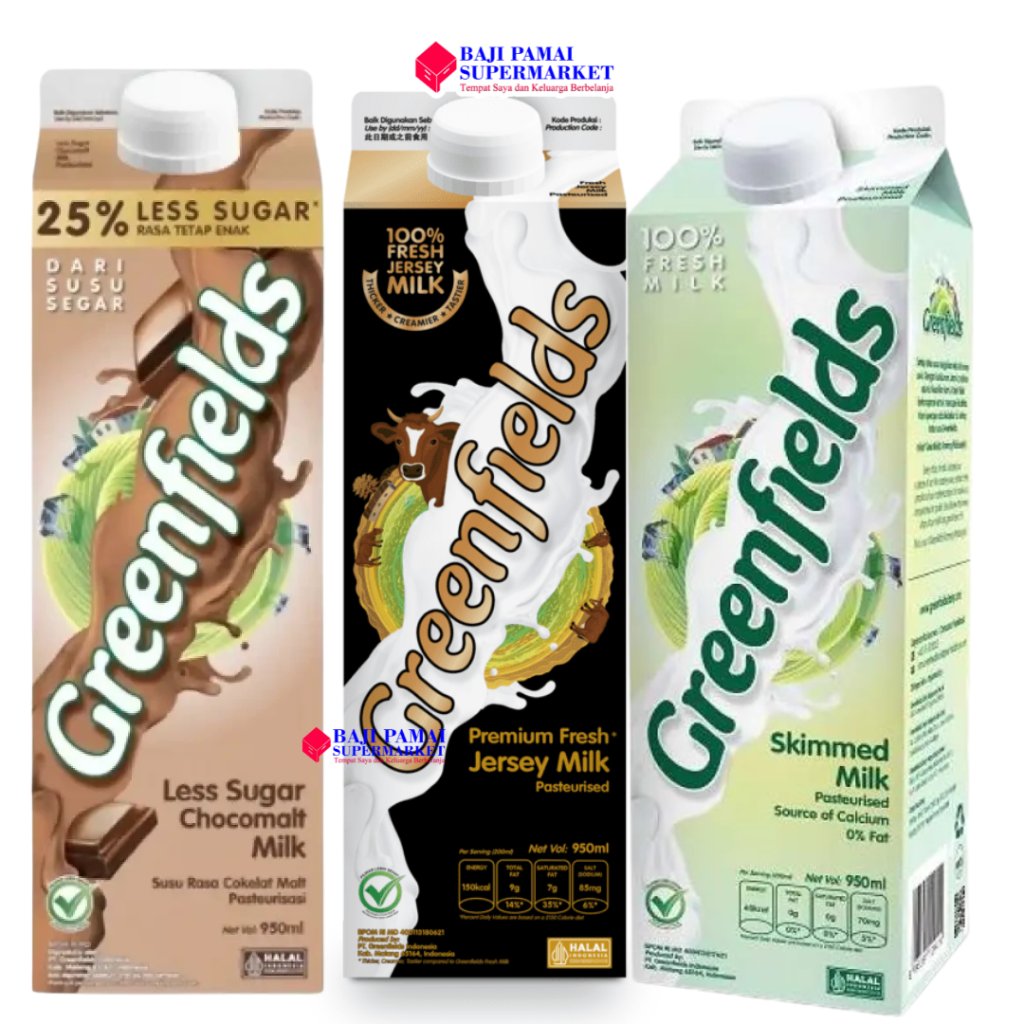 Susu Segar Greenfields - Fresh Milk Chocomalt Less Sugar / Skimmed Milk / Premium Jersey Milk 950ml