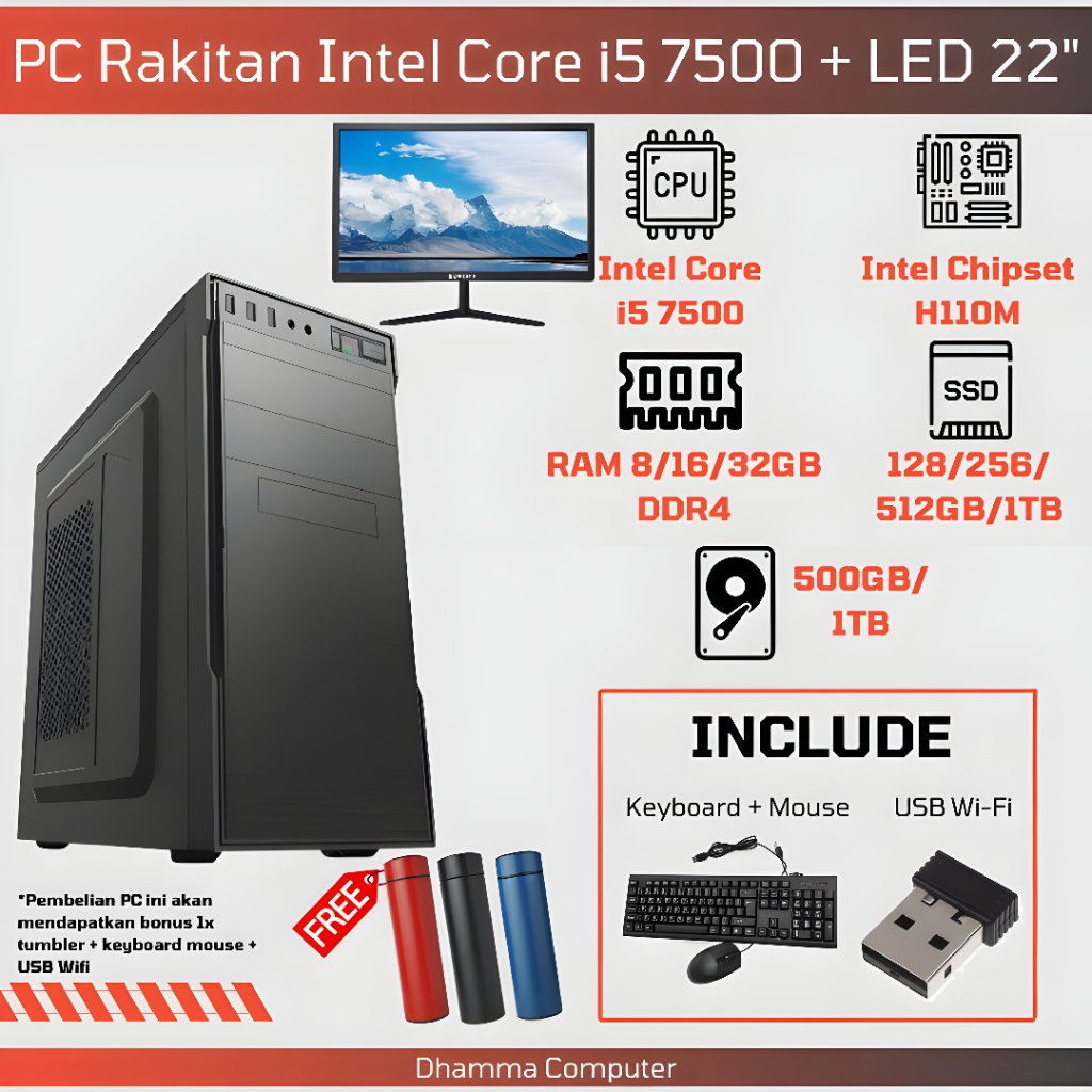 [SIAP PAKAI] Paket Lengkap PC Desktop i5 7500 DDR4 Fullset Monitor LED 22" + WiFi + Keyboard Mouse -