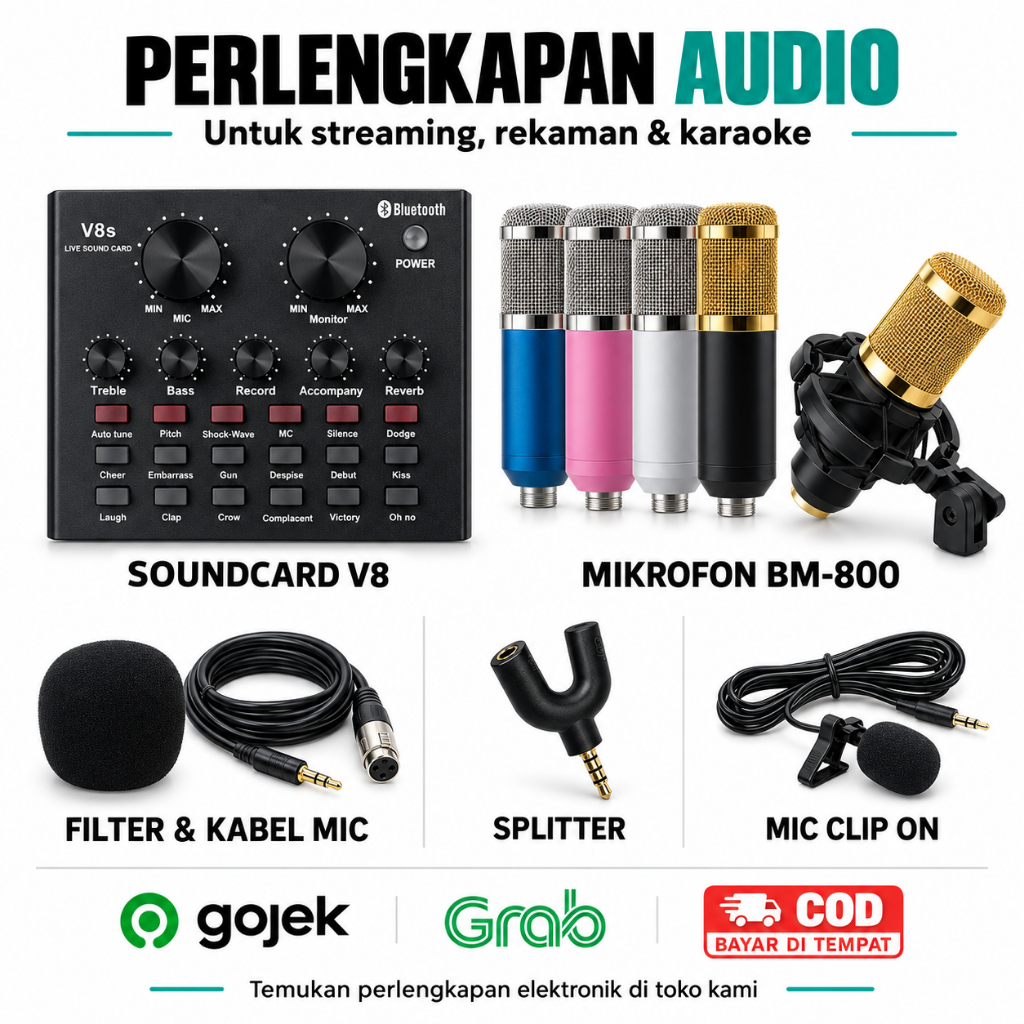 Paket Perlengkapan Audio Soundcard V8 Mic Condenser BM800 Clip On Kabel Mic Splitter dan Filter Mic