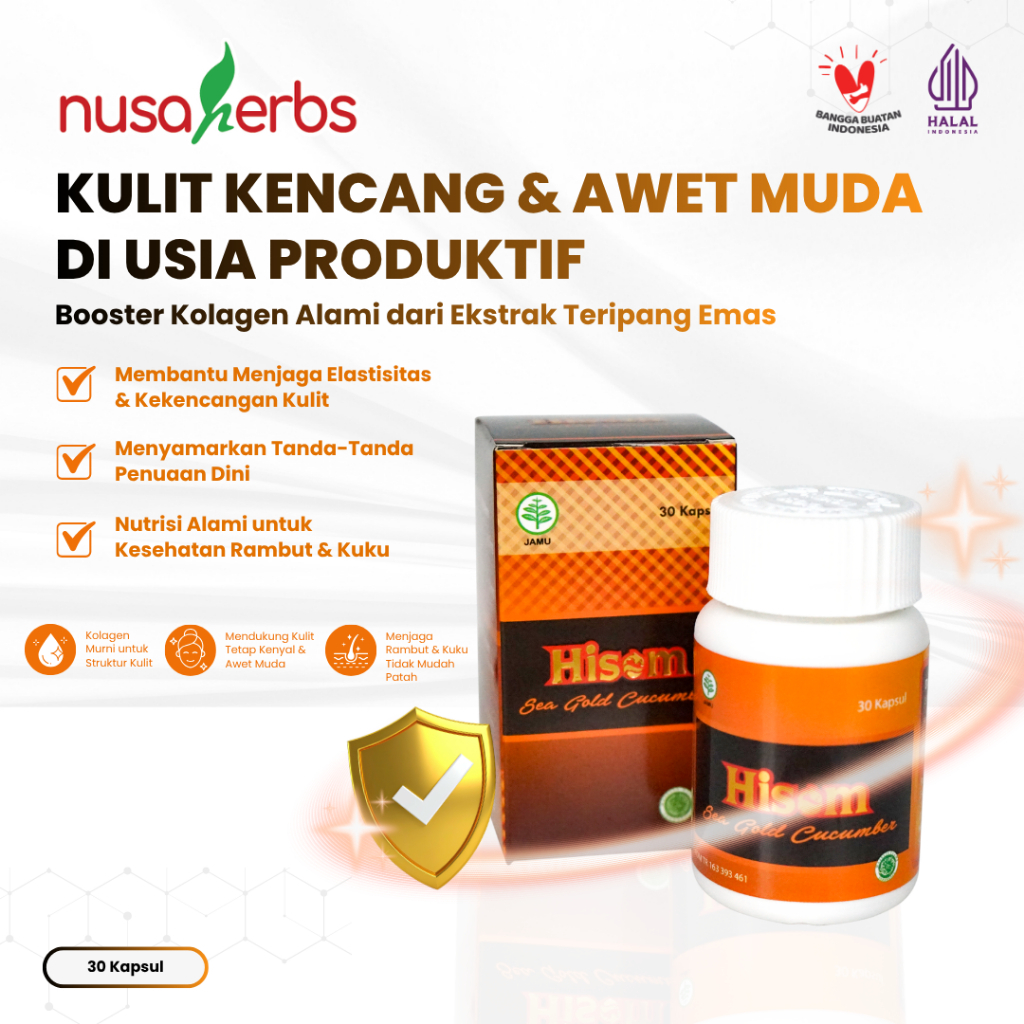 Gamat Hisom Teripang Emas Premium & Kunyit Suplemen Kulit Kencang, Elastis & Awet Muda | 30 Kapsul