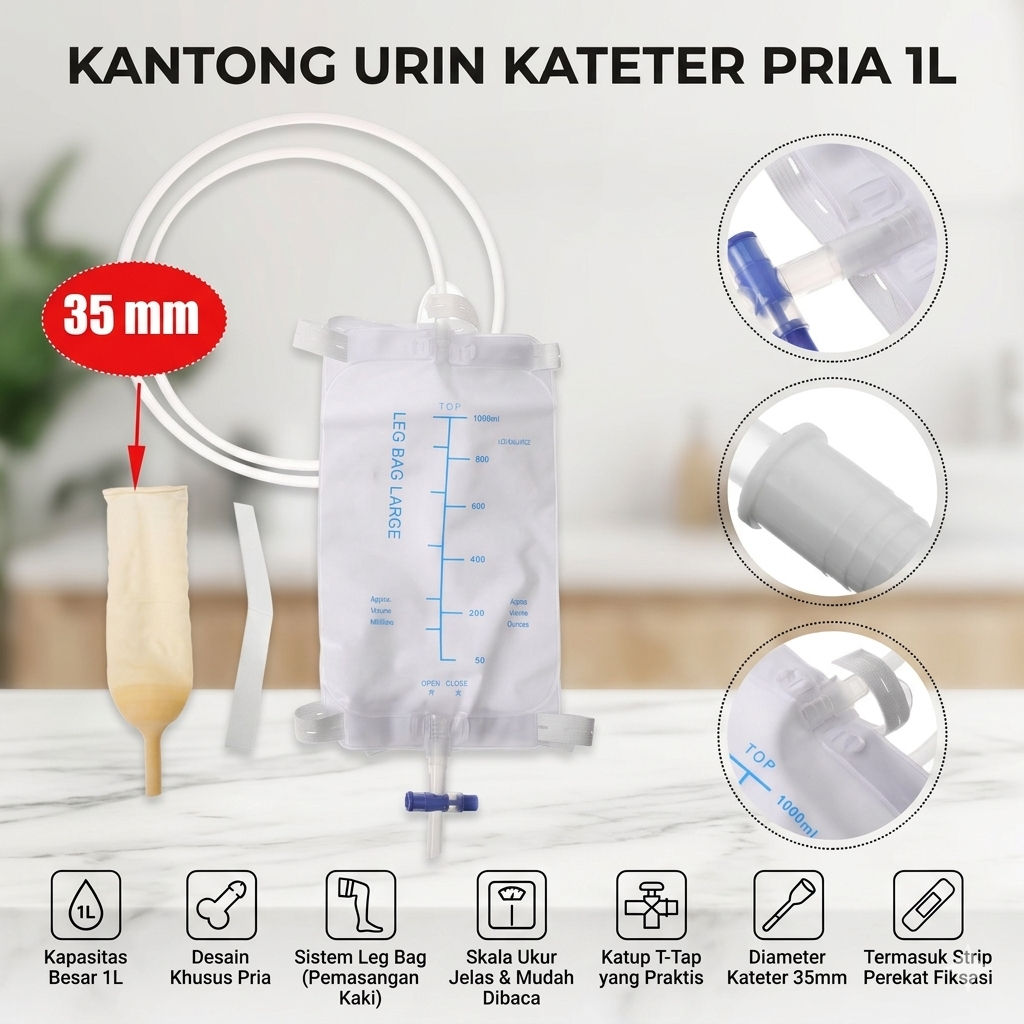 Kantong Urin Kateter Pria 1L Diameter 35mm Sistem Leg Bag dengan Strip Perekat