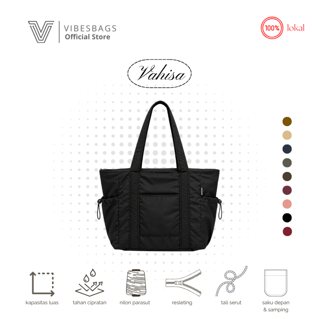 [VIBESBAGS] Vahisa Tote Bag Wanita Nylon Pocket Tas Bahu Multifungsi Polos Tas Daily Kuliah Kerja Be