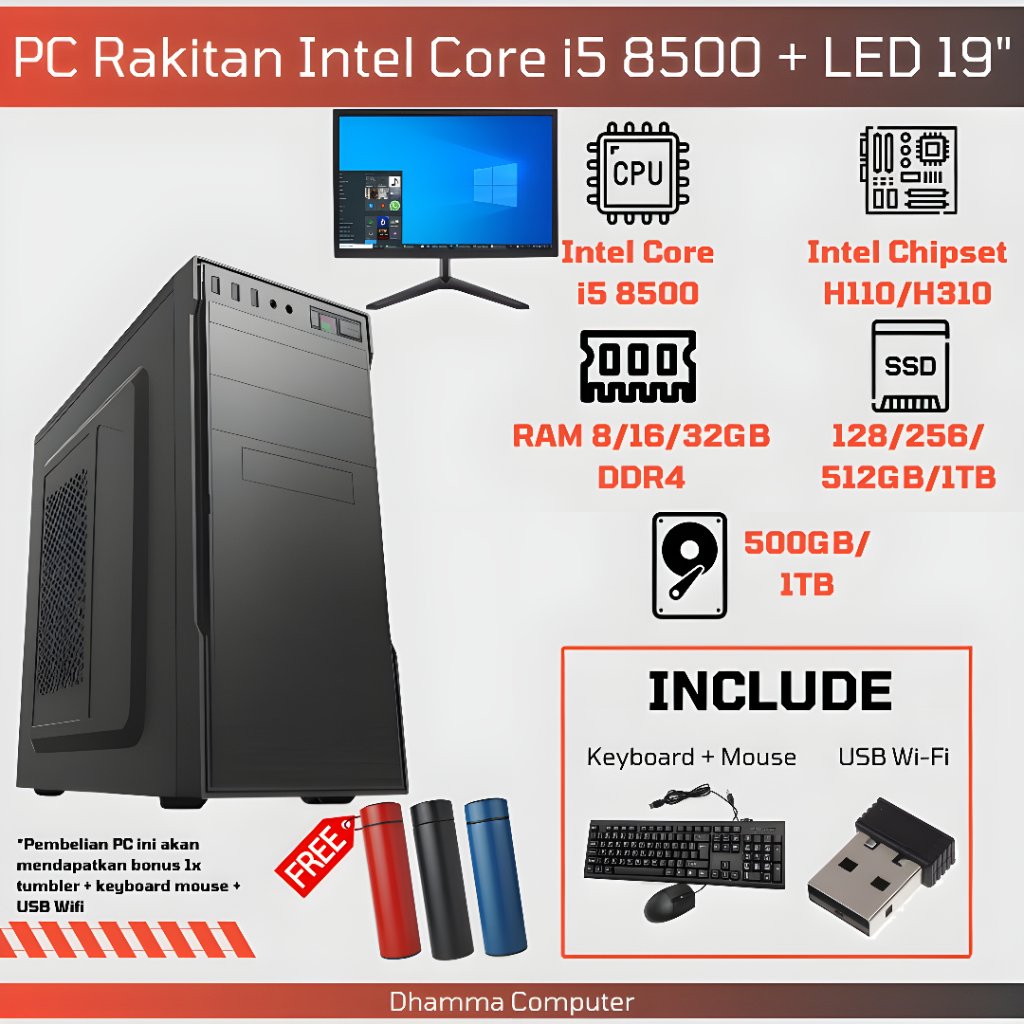 [SIAP PAKAI] Paket Lengkap PC Desktop i5 8500 DDR4 Fullset Monitor LED 19" + WiFi + Keyboard Mouse -