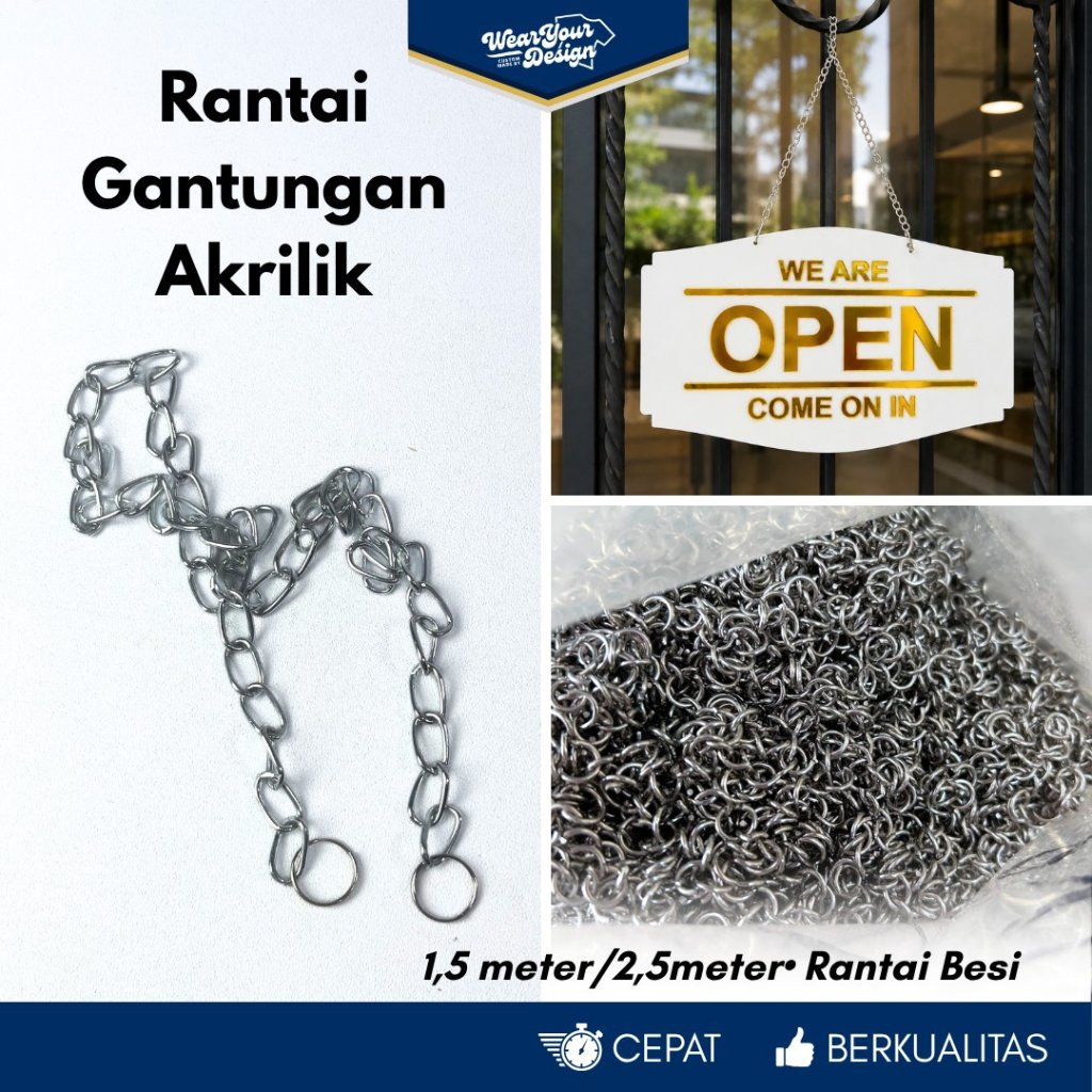 Rantai Gantungan Akrilik Silver | Rantai Display Signage | Rantai Besi Penggantung Papan Akrilik 1,5