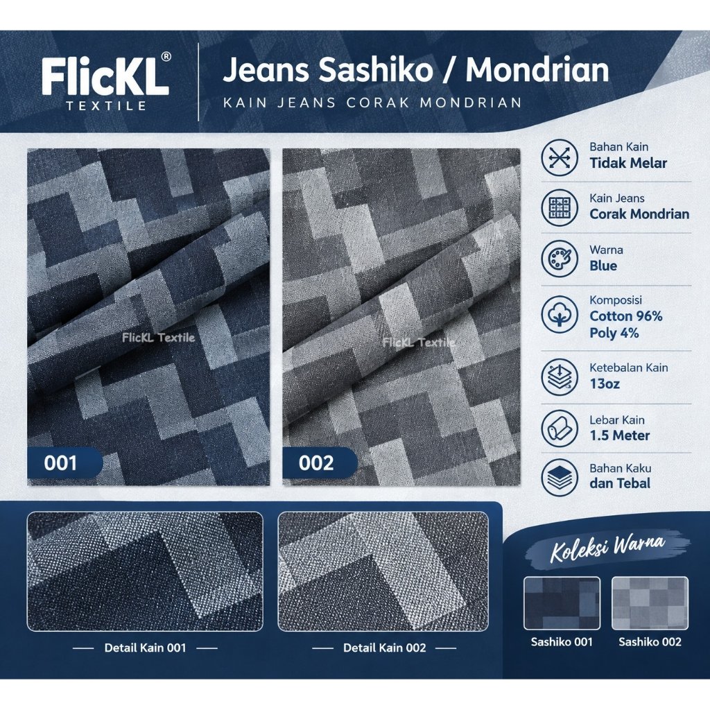 Kain Jeans Sashiko Bahan Jeans Mondrian Jeans Motif Mondrian Denim Motif Sashiko