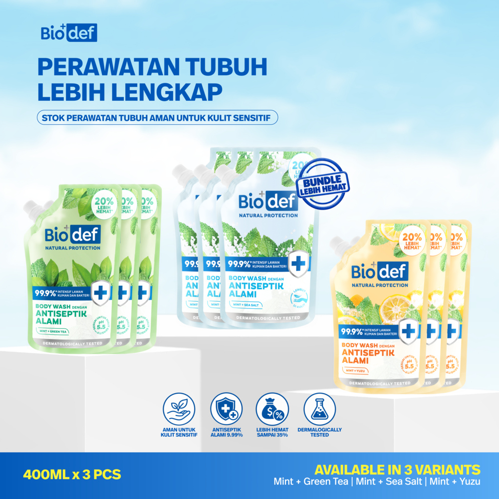 [TRIPLE PACK] Biodef Body Wash Antiseptic Pouch 400ml x 3 pcs | Green Tea Sea Salt Yuzu | Sabun Jera